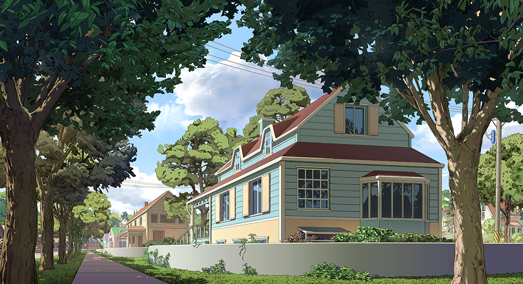 Background art of the house and neighborhood where Iris lives with her baby brother Peter and Mikki.