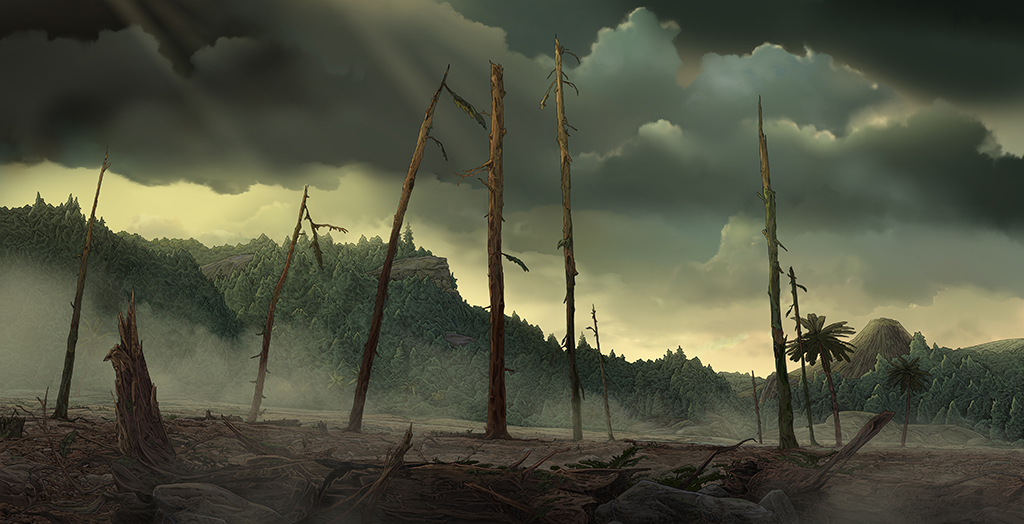 The color palette is influenced by the tone of the scene and takes a darker turn in the aftermath of a forest fire.