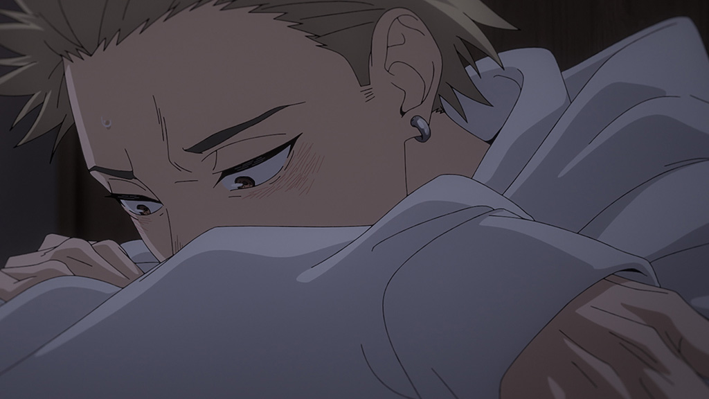 Light and shadow, combined with a partially obscured face and a collapsed posture, suggest that something deeply worries Rintarō. (Image © Saka Mikami, KODANSHA/"The Fragrant Flower Blooms with Dignity" Committee)