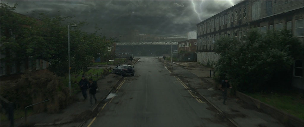 An overcast sky is turned into a menacing one for the storm that hits Liverpool.