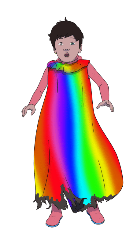 Enabling Arco to fly is a rainbow-colored cape.