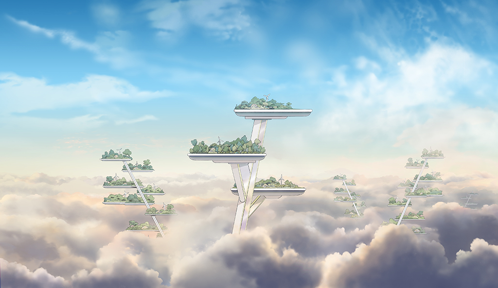 An aerial view of the cloud-situated home where Arco lives.