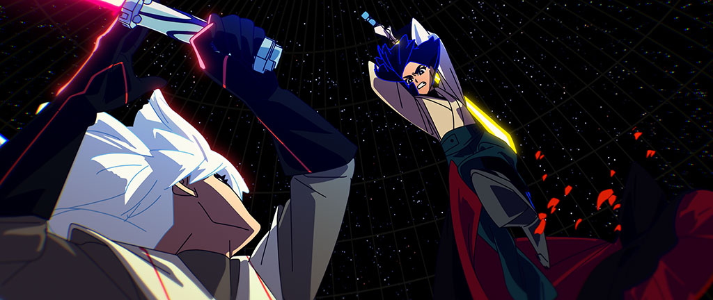 Initially, F keeps avoiding Shad-Rah’s attacks, but later shifts into battle mode upon realizing her Jedi Master has become a sworn enemy.