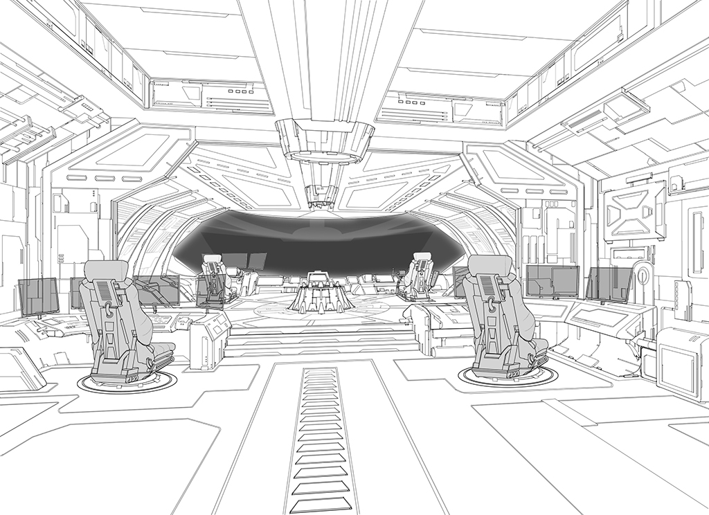The bridge of the spaceship in The Ninth Jedi: Child of Hope as a sketch, in battle mode and fully lit.