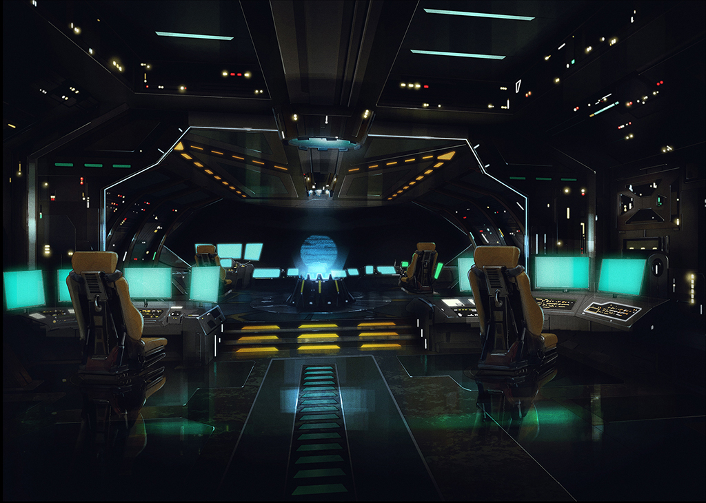 The bridge of the spaceship in The Ninth Jedi: Child of Hope as a sketch, in battle mode and fully lit.