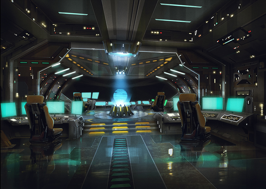 The bridge of the spaceship in The Ninth Jedi: Child of Hope as a sketch, in battle mode and fully lit.