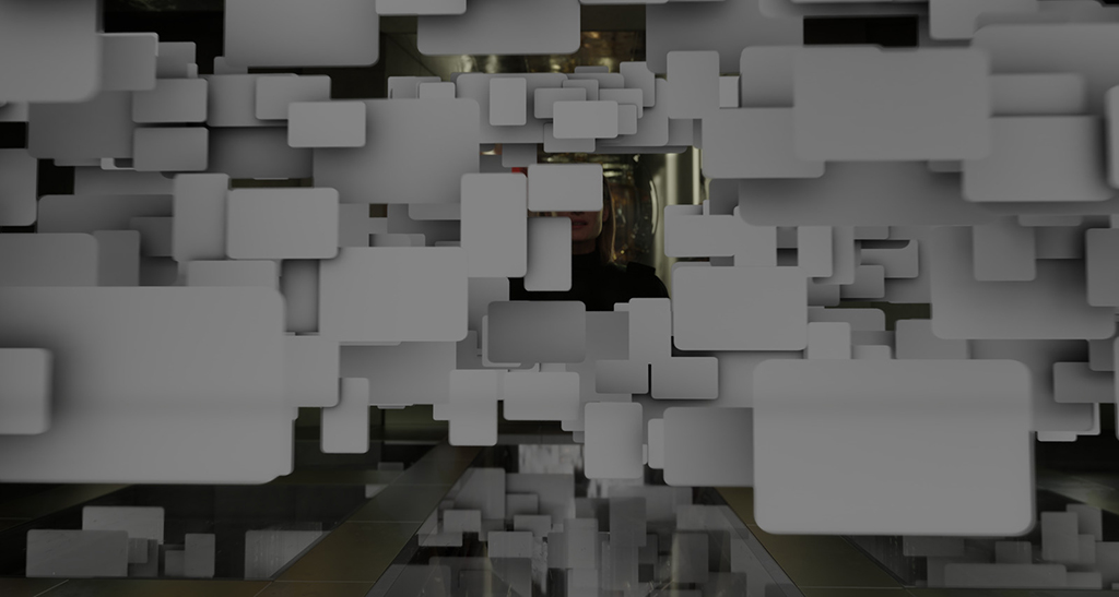 A municipal cloud with hundreds of screens in the courtroom surrounded Detective Raven when the database booted up. Most screens in the film were handled with an advanced 2.5D Nuke setup, using the new USD workflow in Nuke 14. (Image courtesy of DNEG and Amazon MGM Studios)