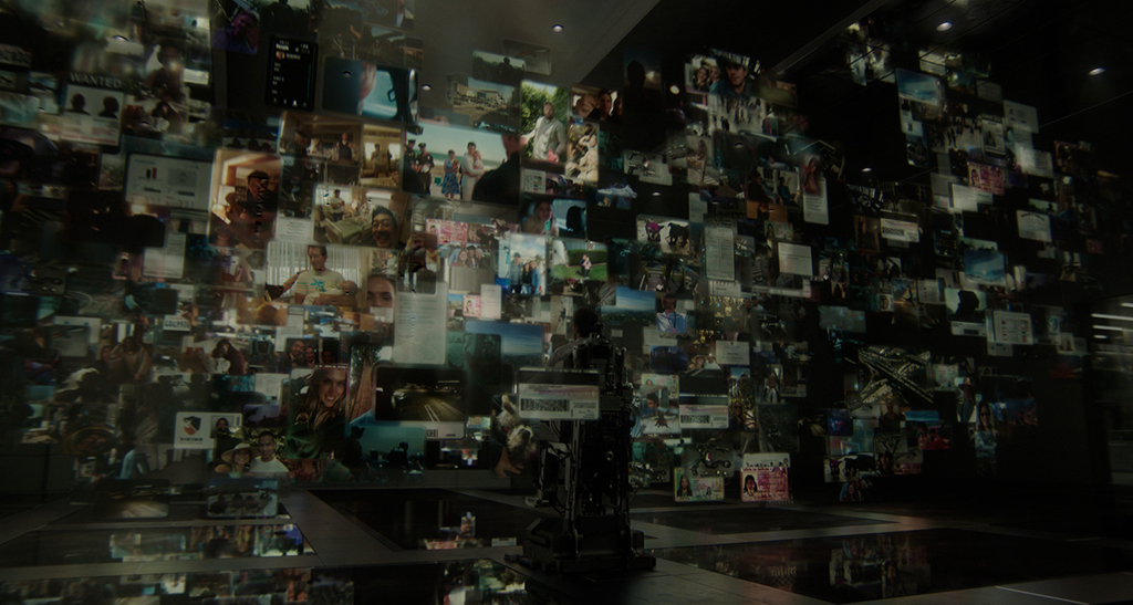 A municipal cloud with hundreds of screens in the courtroom surrounded Detective Raven when the database booted up. Most screens in the film were handled with an advanced 2.5D Nuke setup, using the new USD workflow in Nuke 14. (Image courtesy of DNEG and Amazon MGM Studios)