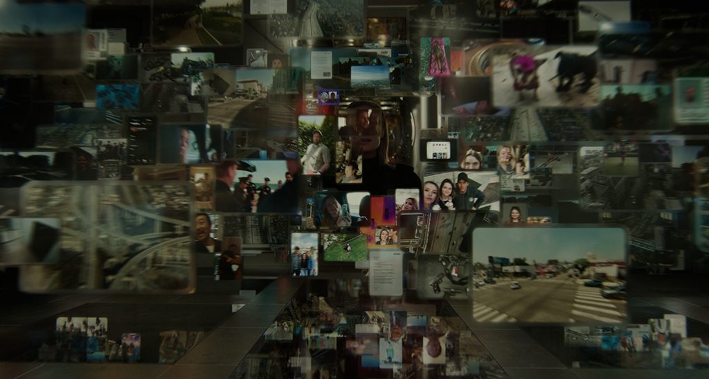 A municipal cloud with hundreds of screens in the courtroom surrounded Detective Raven when the database booted up. Most screens in the film were handled with an advanced 2.5D Nuke setup, using the new USD workflow in Nuke 14. (Image courtesy of DNEG and Amazon MGM Studios)