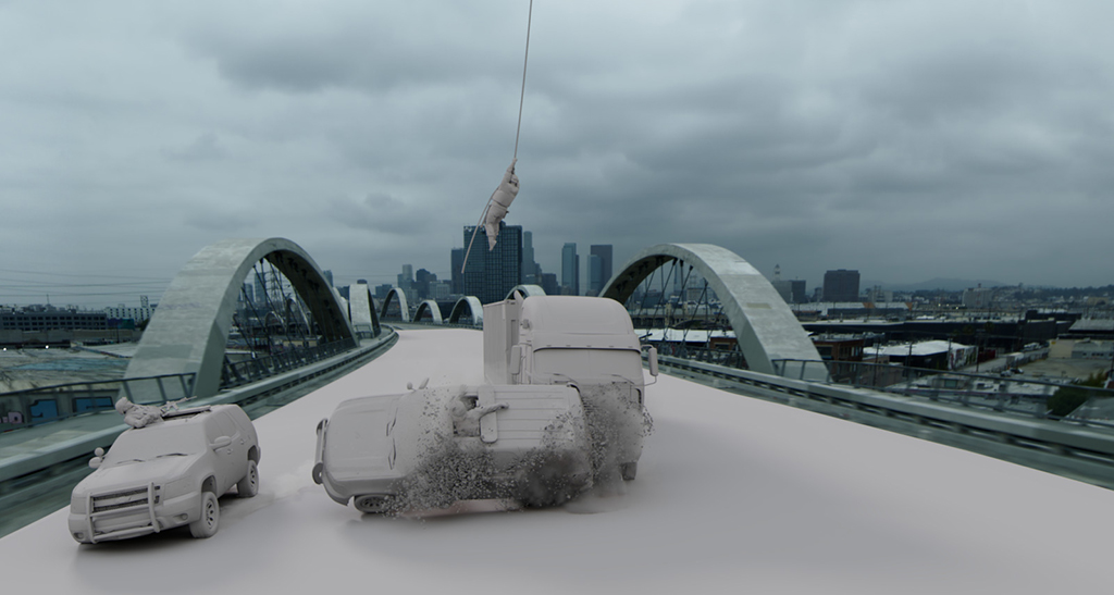 The visual effects were extensive in large-scale chase scenes in Los Angeles that included CG traffic, crowds, helicopters and police vehicles. (Image courtesy of DNEG and Amazon MGM Studios)