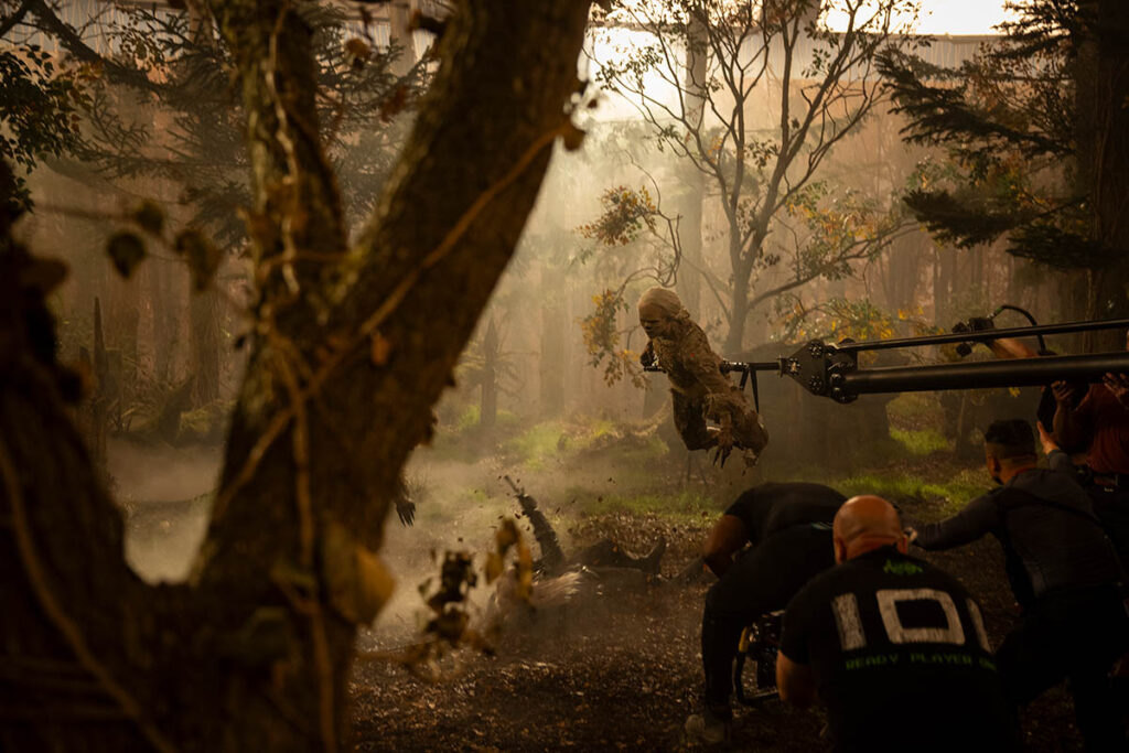 The Wraith was mounted on a crane to achieve the required flight and interaction. 