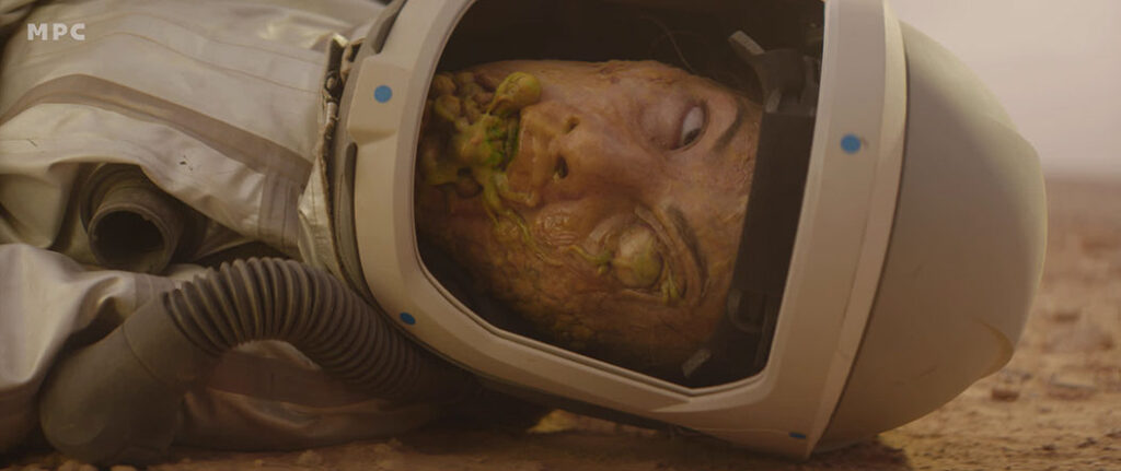 The team digitally augmented the scientist’s visor to add to the gruesomeness of his death.