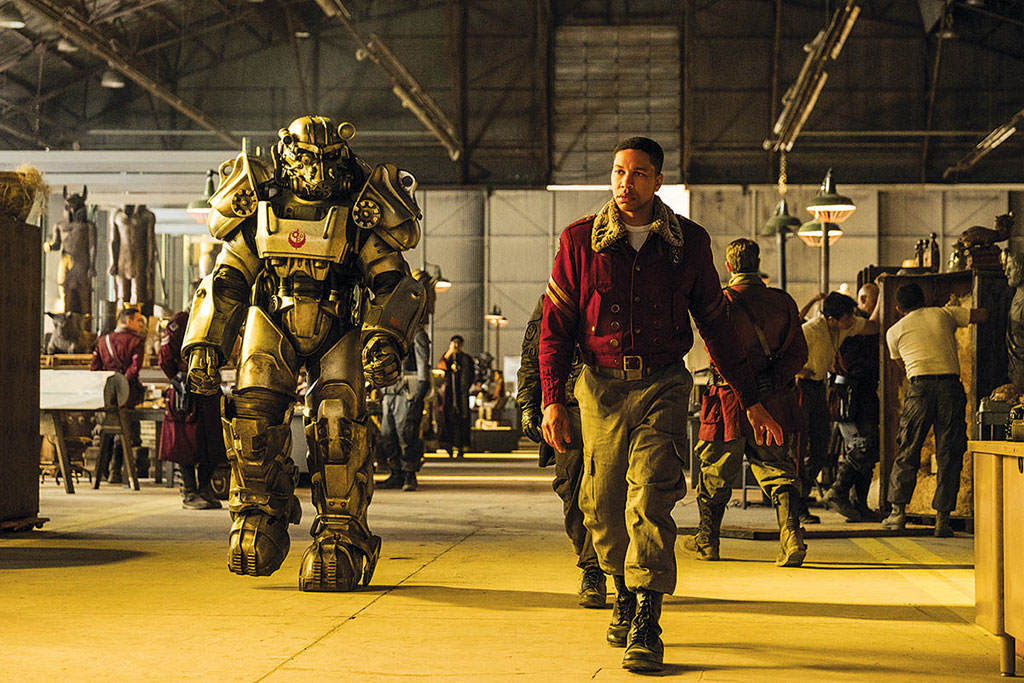 Maximus (Aaron Moten) next to a power-armor suited comrade of the Brotherhood of Steel in Fallout Season 2.(Image courtesy of Prime Video)