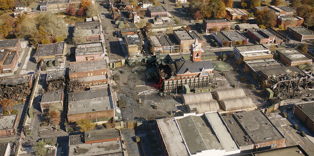 Due to the extent of the destruction required, the scenes set in Hawkins, Indiana, were primarily shot on a backlot rather than on location in Jackson, Georgia.
