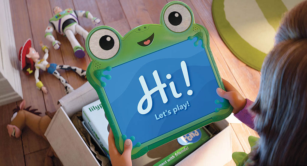 LilyPad, the film’s main antagonist, resembles an iPad, but she’s also a character: a screen encased in a green frog-shaped shell with a face and hands.