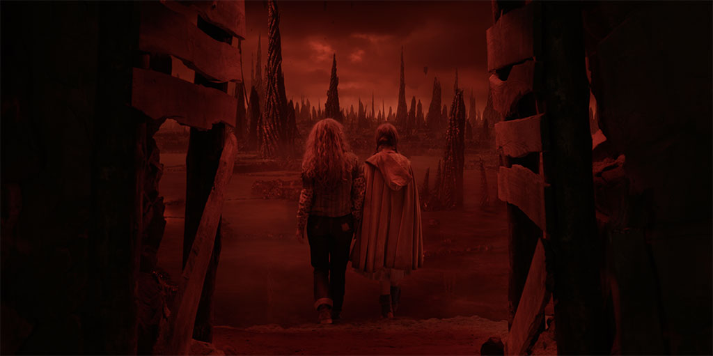 Outside of practical trees and structures near the cast, the rest of the Upside Down was a digital set extension.