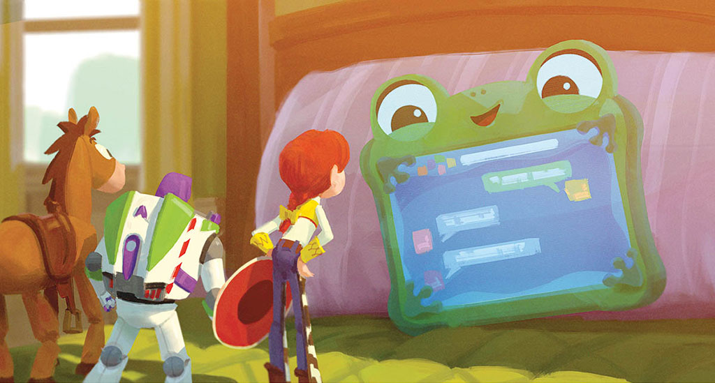 Concept art. One of the technical challenges posed by the film was Bonnie’s interactions with LilyPad’s onscreen graphics.