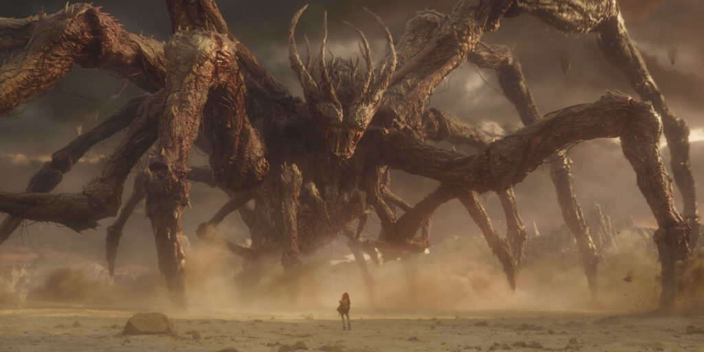 A couple of cranes stand in for the kaiju-sized Mind Flayer to provide proper eyelines for the cast.