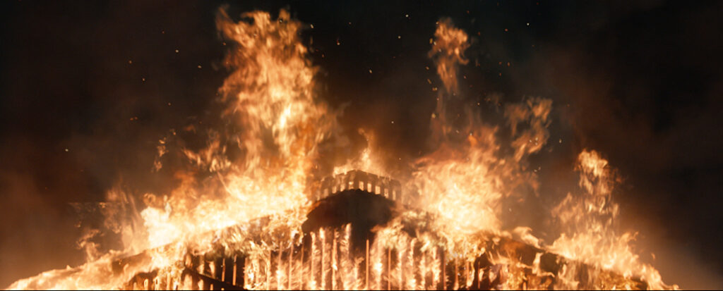 A couple of set pieces in the barn and the Bone Temple revolve around fire.