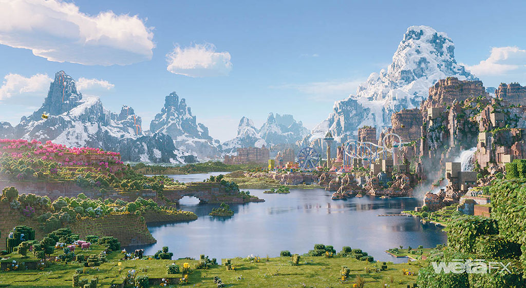 The Overworld is an alternate dimension in A Minecraft Movie. (Image courtesy of Wētā FX and Warner Bros. Pictures)