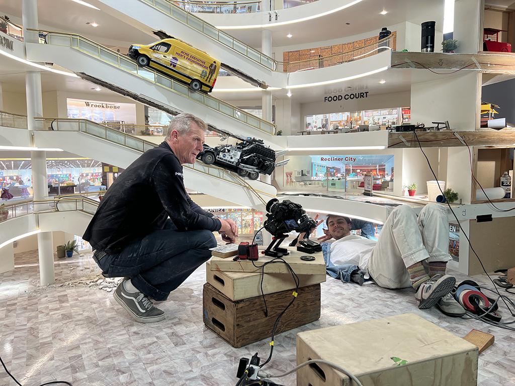 Christopher Lee Warren with Ryan Bradford at the mall where the Velvet Gang drives up the escalators to flee the police.