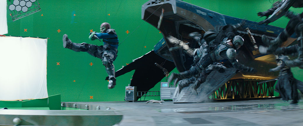Stunts worked closely with visual effects to ensure each action beat felt dramatic.