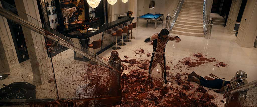 All the blood had to be created digitally because practical blood effects were not feasible due to location restrictions.