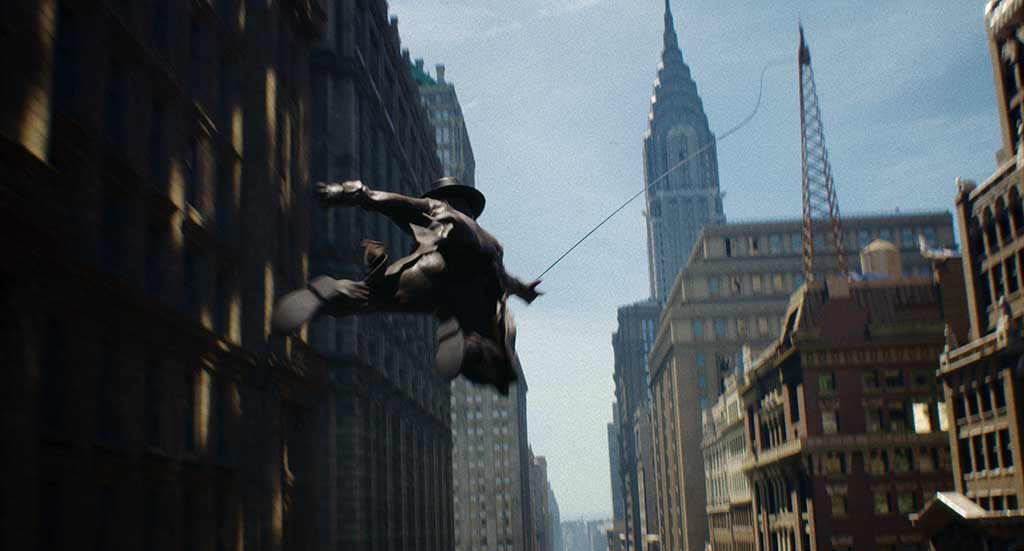 The opening sequence of Episode 101 featured 10 to 12 fully digital shots that introduced 1930s New York City, the swinging style of Spider-Noir and the tone of the series.