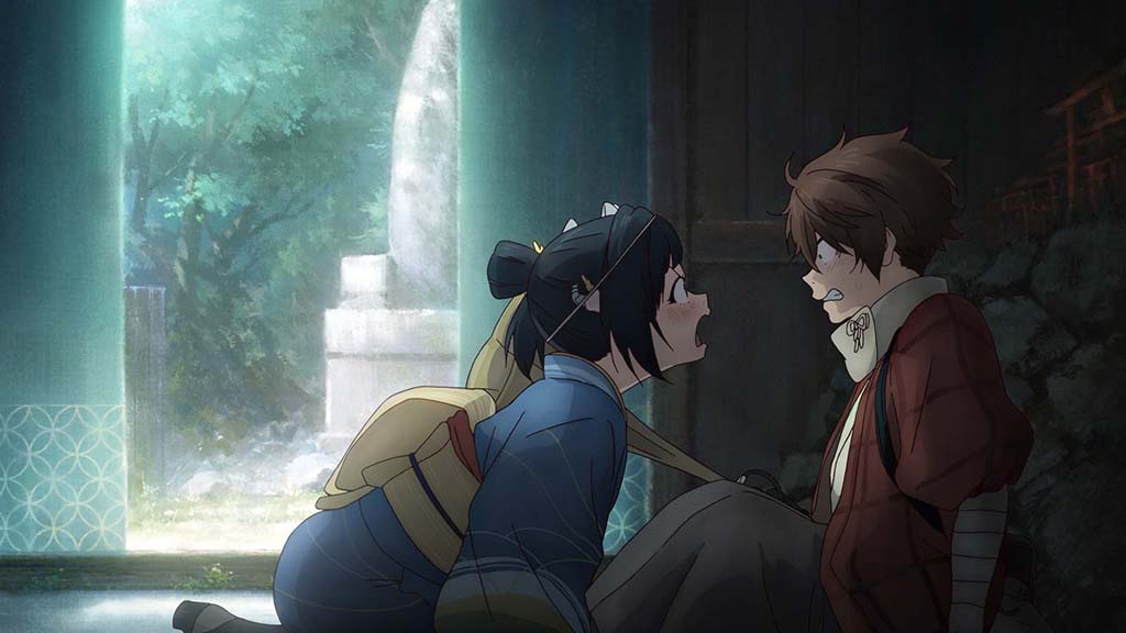 A meet-cute moment occurs between Kihachi and Inako at a shrine.