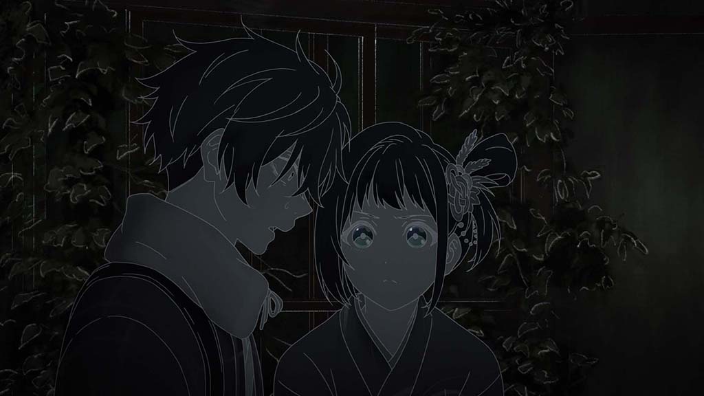 By making the main lines of the animation cels white and removing the intrinsic color of the characters and the background, Kihachi and Inako are plunged into true darkness.