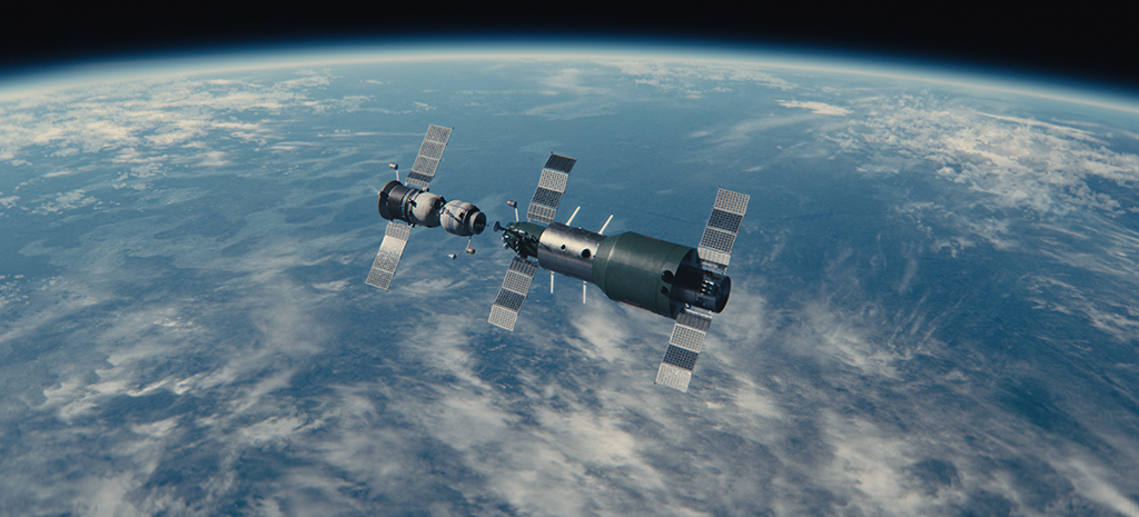 Soyuz approaches Salyut-1 during a docking sequence.