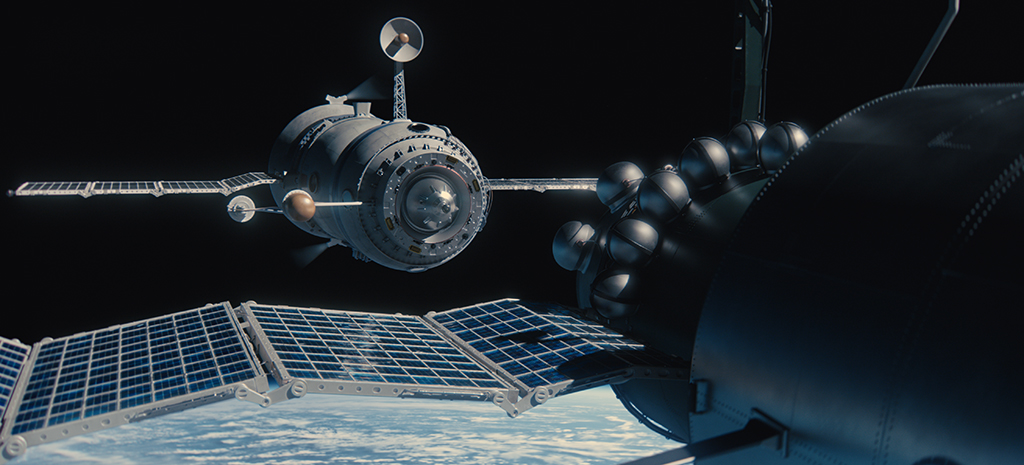 Soyuz approaches Salyut-1 during a docking sequence.