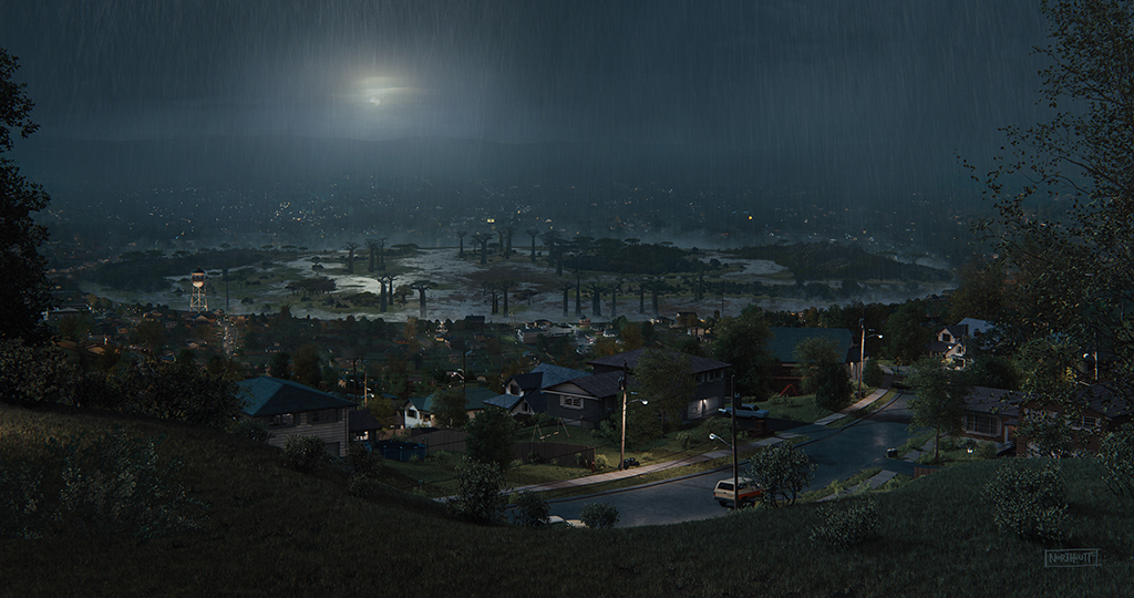 Concept art of the fictional town of Flowervale, Michigan.