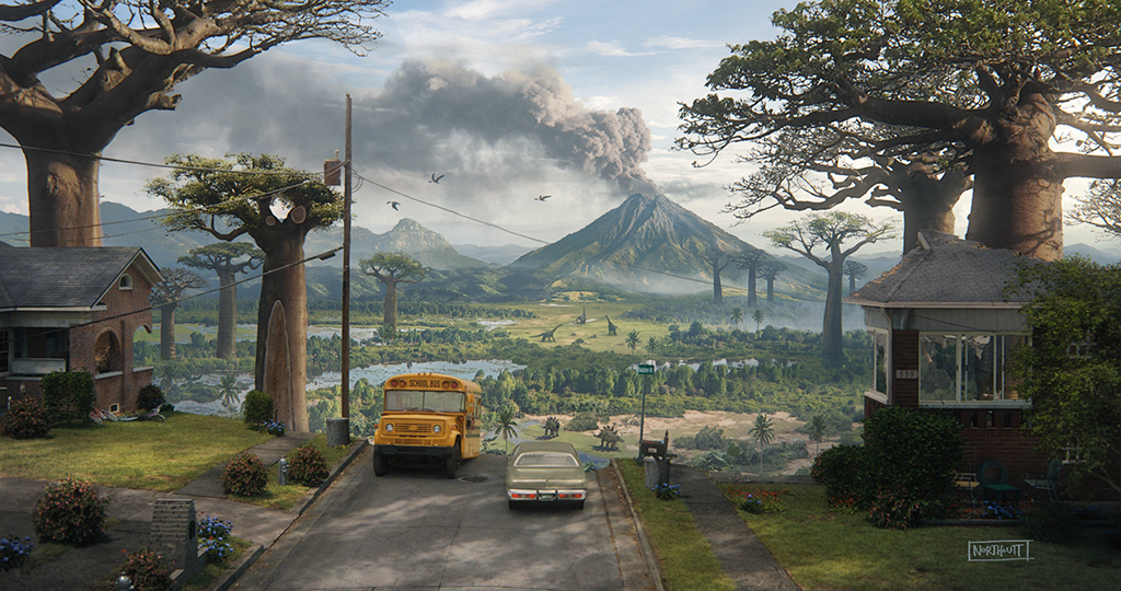 A volcano in the background helps to visually sell the prehistoric setting.